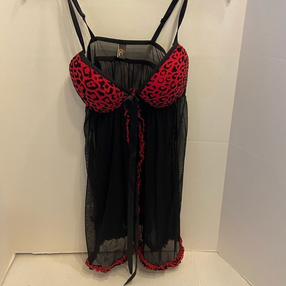 True desire sexy nighty nightgown lingerie‎ top black red lacy Medium M